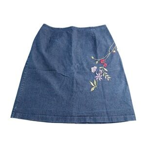 Vintage Unique Denim Skirt Floral Embroidered Quarter Zip & Loop 32' Waist #474C